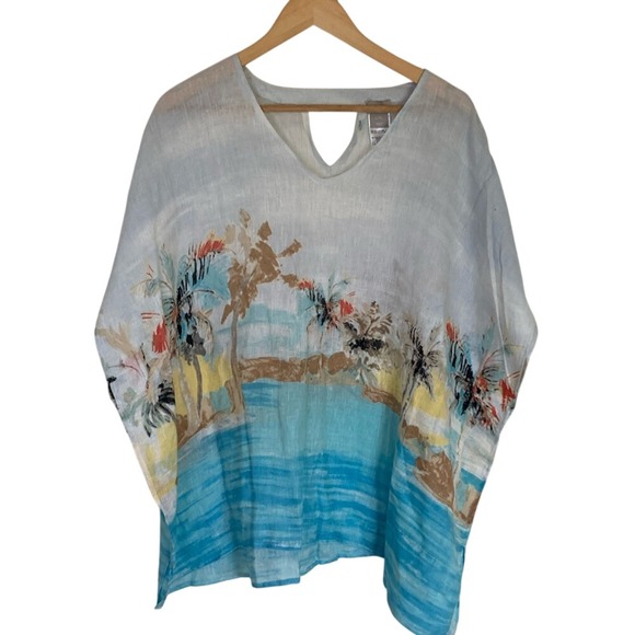 Chicos Womens Tropical Print Linen Top Size L/XL V Neck White Cap Sleeve Coastal - Picture 1 of 9
